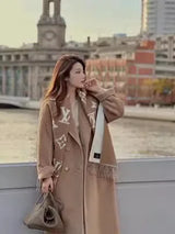 Women 100% Wool Coat For Winter Elegant Beautiful High Grade Brand Blends Double-breasted Office Woolen Overcoat XS With Belt