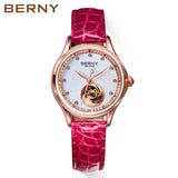 BERNY Luxury 18K Gold Mechanical Watch for Women Automatic Self-Wind Sapphire Ladies Wristwatch 72 Diamond 5ATM Skeleton Design
