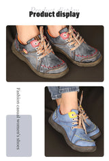 TMA EYES Women's Hand-Stitched Leather Sneakers Lightweight Flat Design Shoes For Women For Autumn Seasons