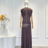 2025 New Brown Coffee Sleeveless Pleat Slit Hem Maxi Dress for Women Elegant