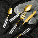 High End Diamond Series Knife, Fork and Spoon Set Flatware, 304 Stainless Steel, Gold and Silver Cutlery Serves 4