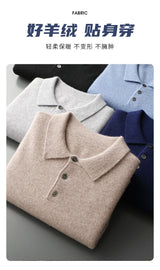 Men's POLO Collar Knitted Pullover Sweater 100% Cashmere Long Sleeved Shirt Casual Business Solid Color Men's Tops Autumn Winter