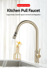 Kitchen Brush Gold Patterned Brass Faucet Pull Out 360 Degree Swivel Hot And Cold Mixer Tap Stream Sprayer Head Single Handle