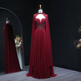 Sharon Said Arabic Burgundy Long Evening Dresses with Cape Beading Elegant Draped Women Wedding Party Gowns SF329 Customized