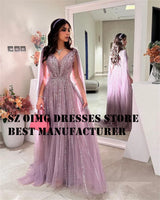 OIMGS Elegant V Neck Prom Dresse Long Cape Sleeves Sequined A-Line Tulle Sweep Strain Women Evening Gowns Formal Party Dress