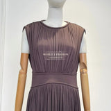 2025 New Brown Coffee Sleeveless Pleat Slit Hem Maxi Dress for Women Elegant