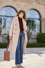 Women 100% Wool Coat For Winter Elegant Beautiful High Grade Brand Blends Double-breasted Office Woolen Overcoat XS With Belt