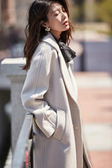 Women 100% Wool Coat For Winter Elegant Beautiful High Grade Brand Blends Double-breasted Office Woolen Overcoat XS With Belt