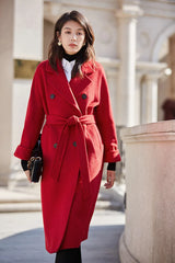 Women 100% Wool Coat For Winter Elegant Beautiful High Grade Brand Blends Double-breasted Office Woolen Overcoat XS With Belt