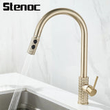 Kitchen Brush Gold Patterned Brass Faucet Pull Out 360 Degree Swivel Hot And Cold Mixer Tap Stream Sprayer Head Single Handle