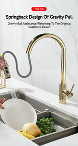 Kitchen Brush Gold Patterned Brass Faucet Pull Out 360 Degree Swivel Hot And Cold Mixer Tap Stream Sprayer Head Single Handle