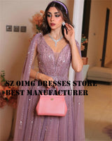 OIMGS Elegant V Neck Prom Dresse Long Cape Sleeves Sequined A-Line Tulle Sweep Strain Women Evening Gowns Formal Party Dress