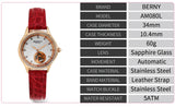 BERNY Luxury 18K Gold Mechanical Watch for Women Automatic Self-Wind Sapphire Ladies Wristwatch 72 Diamond 5ATM Skeleton Design