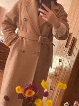 Women 100% Wool Coat For Winter Elegant Beautiful High Grade Brand Blends Double-breasted Office Woolen Overcoat XS With Belt