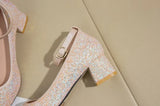 New Women Shoes Pumps Summer Fashion Thick High Heels Buckle Ladies Casual Party Chunky Color Flash Career Slip On Sequins