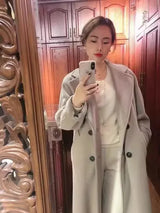 Women 100% Wool Coat For Winter Elegant Beautiful High Grade Brand Blends Double-breasted Office Woolen Overcoat XS With Belt