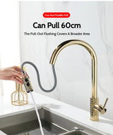 Kitchen Brush Gold Patterned Brass Faucet Pull Out 360 Degree Swivel Hot And Cold Mixer Tap Stream Sprayer Head Single Handle