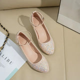New Women Shoes Pumps Summer Fashion Thick High Heels Buckle Ladies Casual Party Chunky Color Flash Career Slip On Sequins