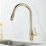 Kitchen Brush Gold Patterned Brass Faucet Pull Out 360 Degree Swivel Hot And Cold Mixer Tap Stream Sprayer Head Single Handle