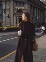 Women 100% Wool Coat For Winter Elegant Beautiful High Grade Brand Blends Double-breasted Office Woolen Overcoat XS With Belt