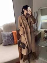 Women 100% Wool Coat For Winter Elegant Beautiful High Grade Brand Blends Double-breasted Office Woolen Overcoat XS With Belt