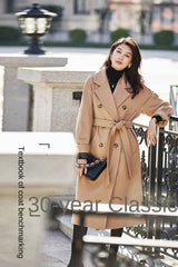 Women 100% Wool Coat For Winter Elegant Beautiful High Grade Brand Blends Double-breasted Office Woolen Overcoat XS With Belt