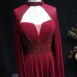 Sharon Said Arabic Burgundy Long Evening Dresses with Cape Beading Elegant Draped Women Wedding Party Gowns SF329 Customized