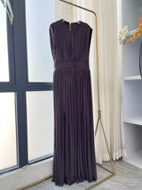 2025 New Brown Coffee Sleeveless Pleat Slit Hem Maxi Dress for Women Elegant