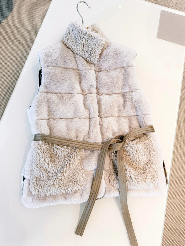 Teddy fleece belted down vest, women's plush waistcoat, brown autumn waistcoat, luxury thermal vest, vintage chic puffer sleeve