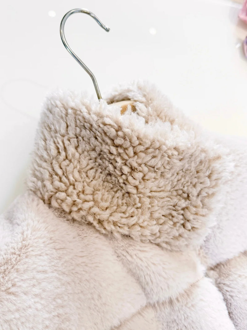 Teddy fleece belted down vest, women's plush waistcoat, brown autumn waistcoat, luxury thermal vest, vintage chic puffer sleeve