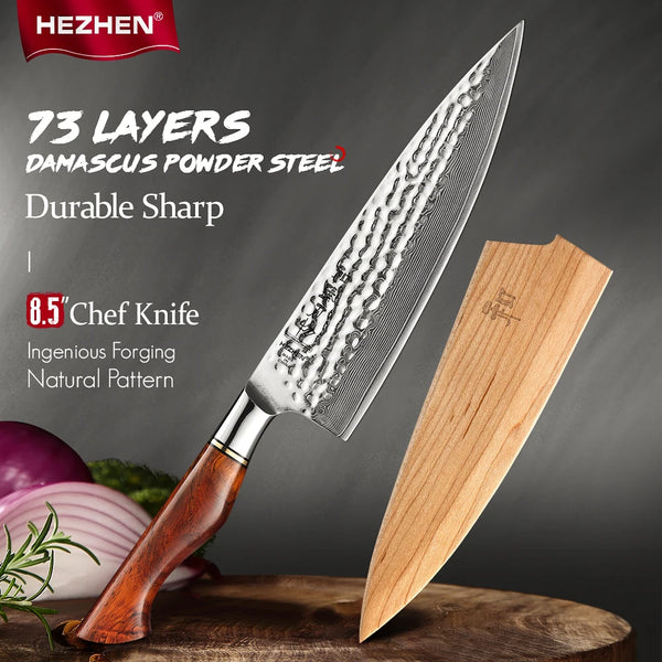 HEZHEN 8.3 Inches Chef Knife Power Steel Core 73 Layer Damascus Steel Kitchen Tools For Maet Cooking Knives Beautiful Gift Box