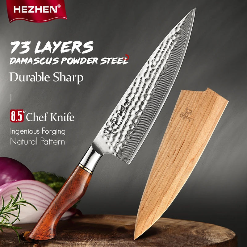HEZHEN 8.3 Inches Chef Knife Power Steel Core 73 Layer Damascus Steel Kitchen Tools For Maet Cooking Knives Beautiful Gift Box
