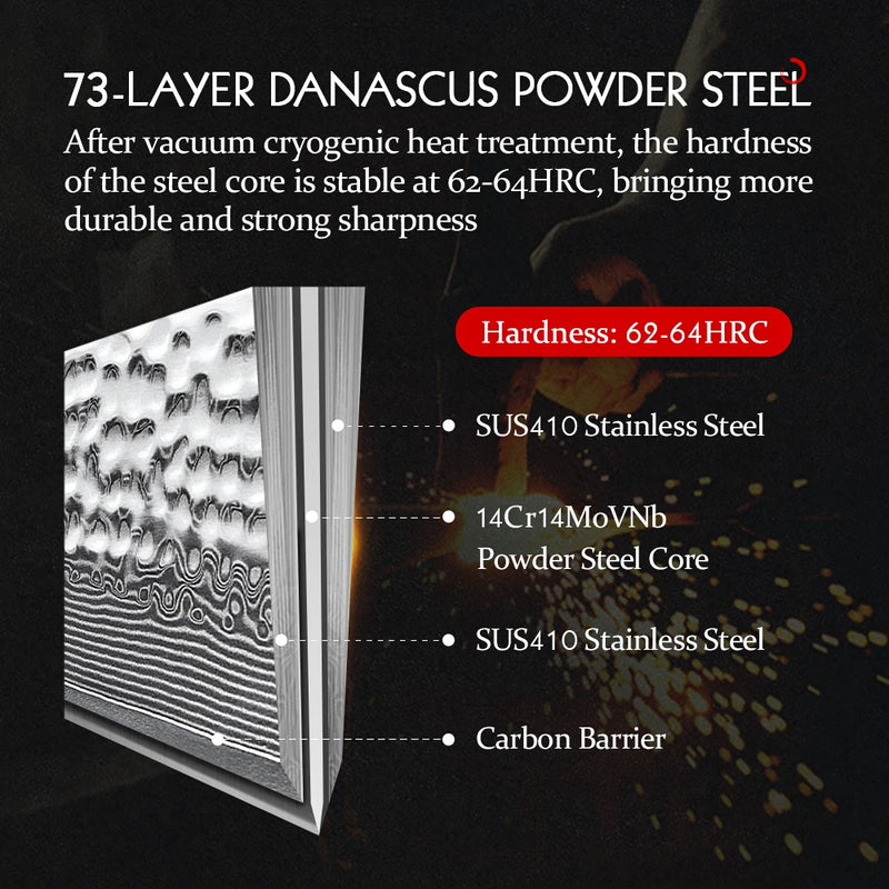 HEZHEN 8.3 Inches Chef Knife Power Steel Core 73 Layer Damascus Steel Kitchen Tools For Maet Cooking Knives Beautiful Gift Box