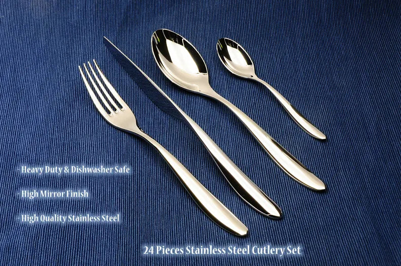 Cozy Zone 24 PCS Cutlery Set Silver Dinner Set Classic Restaurant Stainless Steel Kitchen Wedding Dining Dinnerware Tableware