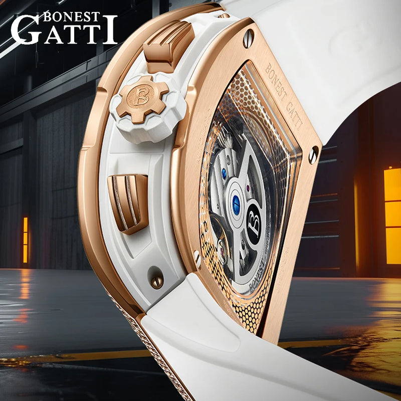 Bonest Gatti Men Luxury Automatic Movement Skeleton Mechanical Watch Rubber Band Diamond Bezel Man watch German Design BG-5004