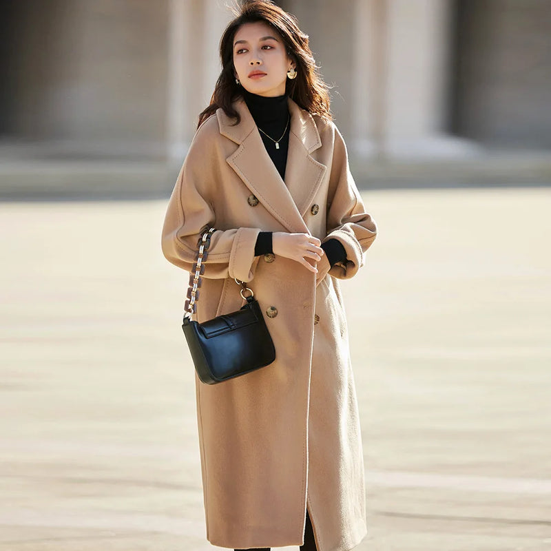 Women 100% Wool Coat For Winter Elegant Beautiful High Grade Brand Blends Double-breasted Office Woolen Overcoat XS With Belt
