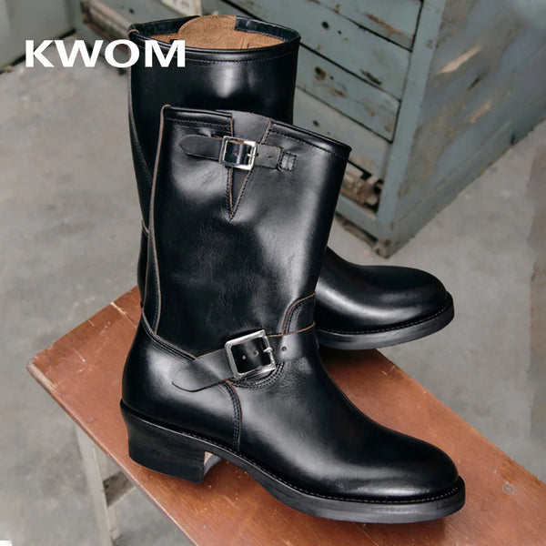 KOWM Cowhide Hiking shoes Brown trekking boots men Engineer's boots workwear goodyear shoes trendy ankle shoes walking sneakers