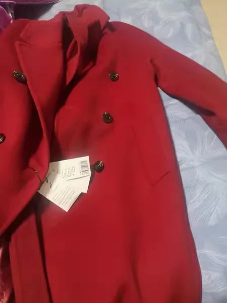 Women 100% Wool Coat For Winter Elegant Beautiful High Grade Brand Blends Double-breasted Office Woolen Overcoat XS With Belt