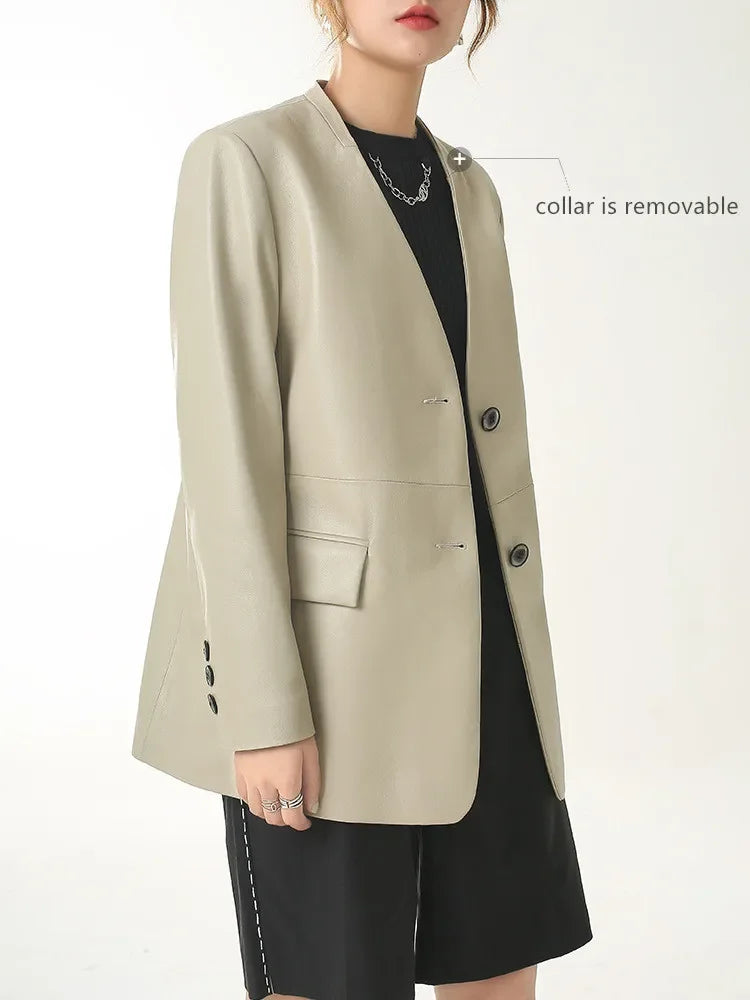 Women's Leather Jacket Coat, Collarless Suit, The First Layer Sheepskin, Lady Leather Coat, Spring and Autumn Fashion