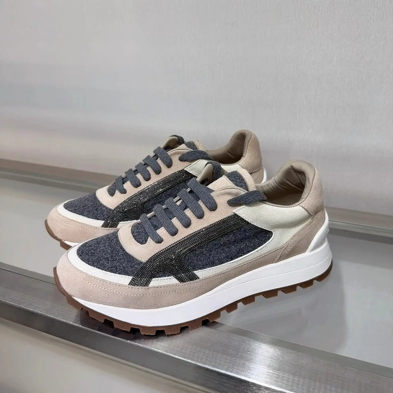 2025 Early Spring Full-Grain Leather Patchwork Chain Retro Color-Block Thick-Sole Casual Women's Shoes