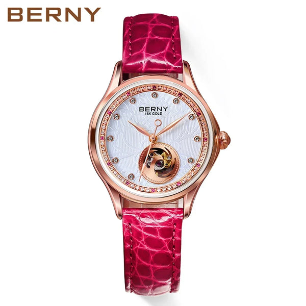 BERNY Luxury 18K Gold Mechanical Watch for Women Automatic Self-Wind Sapphire Ladies Wristwatch 72 Diamond 5ATM Skeleton Design