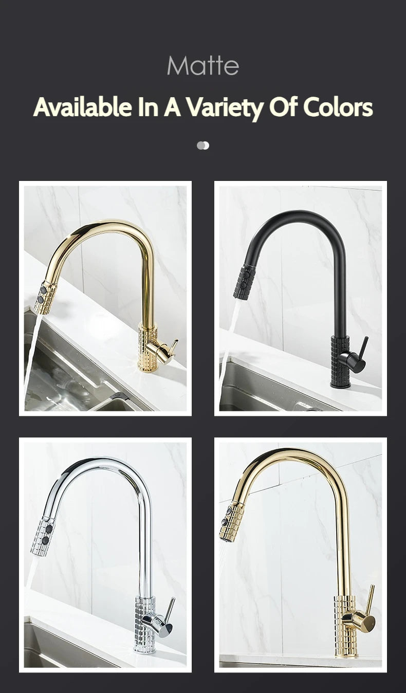 Kitchen Brush Gold Patterned Brass Faucet Pull Out 360 Degree Swivel Hot And Cold Mixer Tap Stream Sprayer Head Single Handle