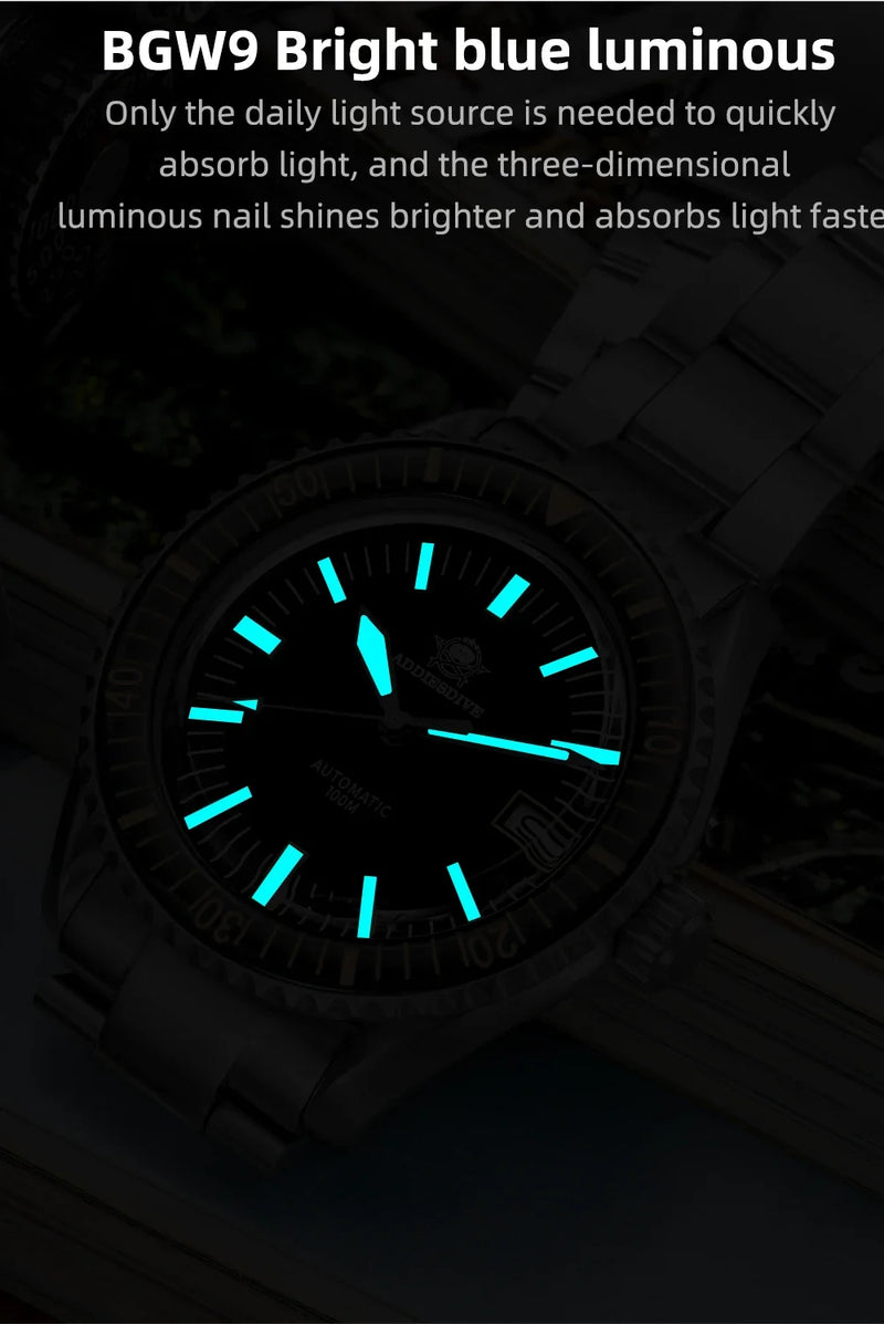 ADDIESDIVE 100m Waterproof Mechanical Watches Sapphire BGW9 Luminous NH35 Automatic Watch Stainless Steel Sports Diving Watches