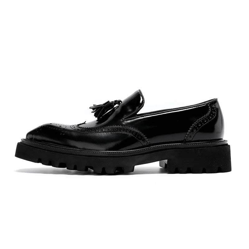 Mens Genuine Leather Loafers Summer Slip On Breathable Thick Sole Brogue Tassel Casual Dress Shoes