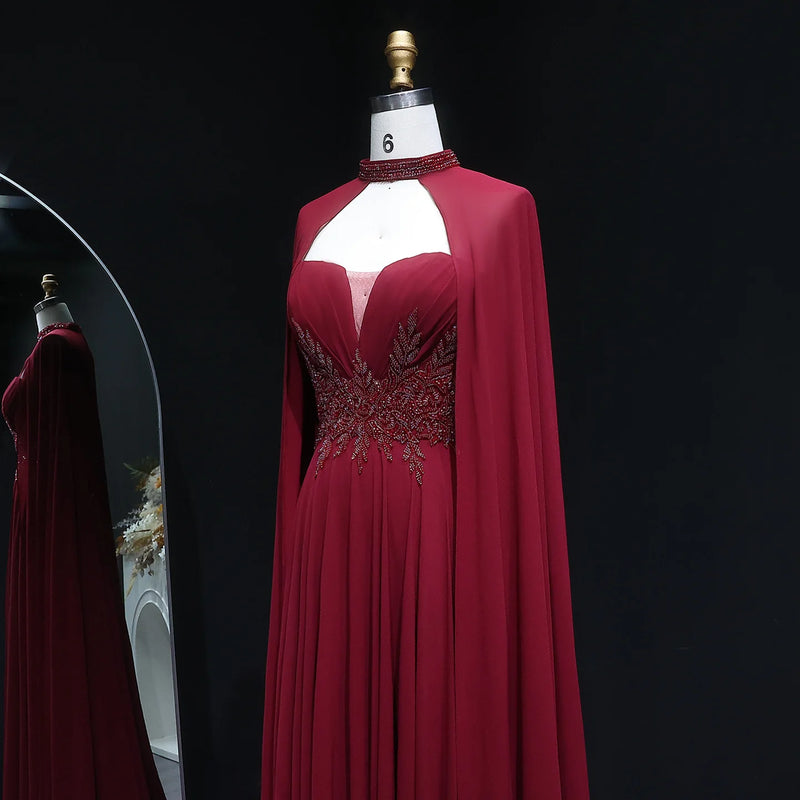 Sharon Said Arabic Burgundy Long Evening Dresses with Cape Beading Elegant Draped Women Wedding Party Gowns SF329 Customized