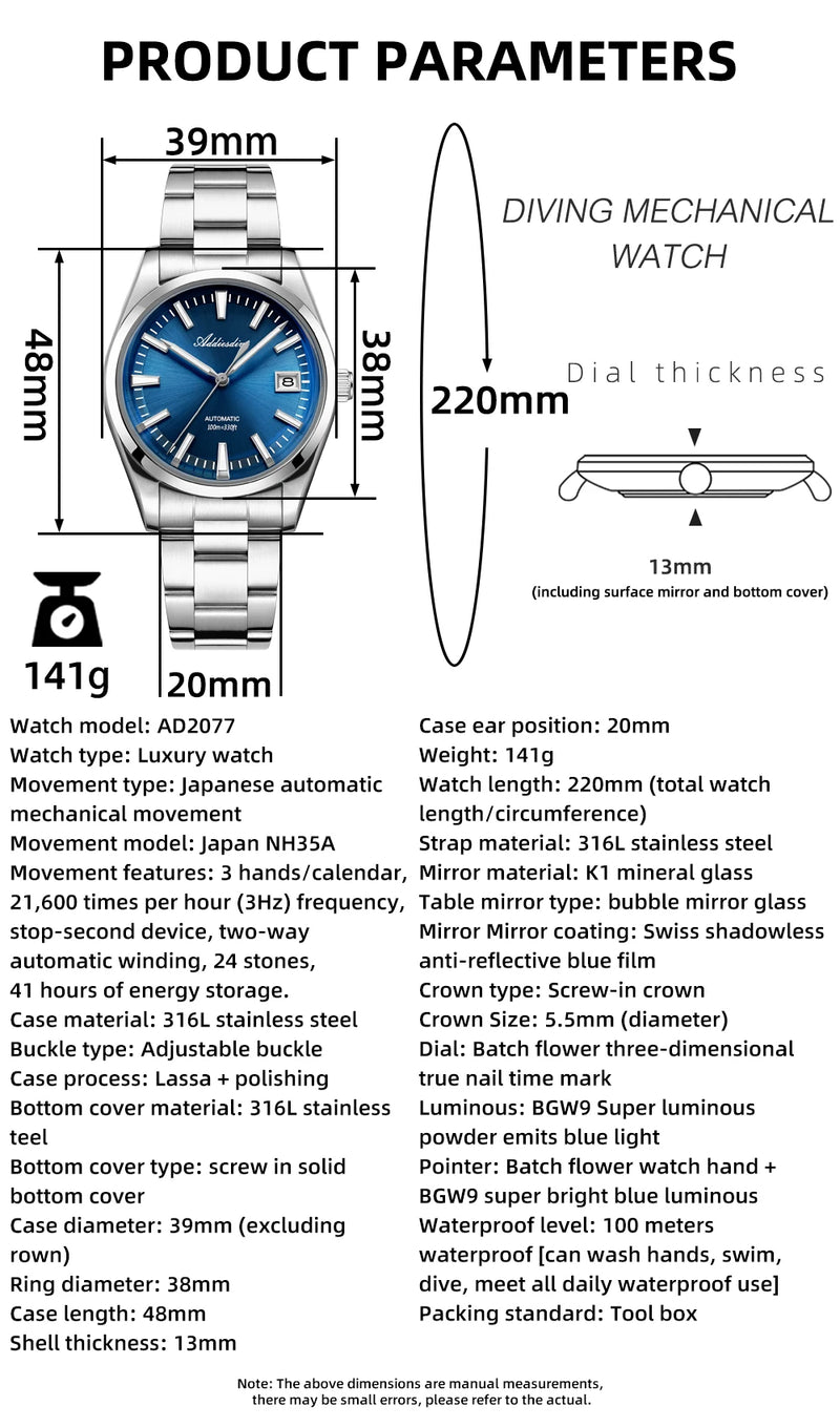 ADDIESDIVE NEW AD2077 Men Mechanical Wristwatches Sunburst Dial AR Coated Coated Dome Glass Waterproof Luxury Automatic Watches