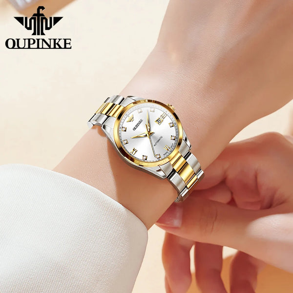 Original OUPINKE 3199 Swiss Automatic Mechanical Watch for Women Real Diamond Sapphire Mirror Ladies Watch Bracelet Set Gift NEW