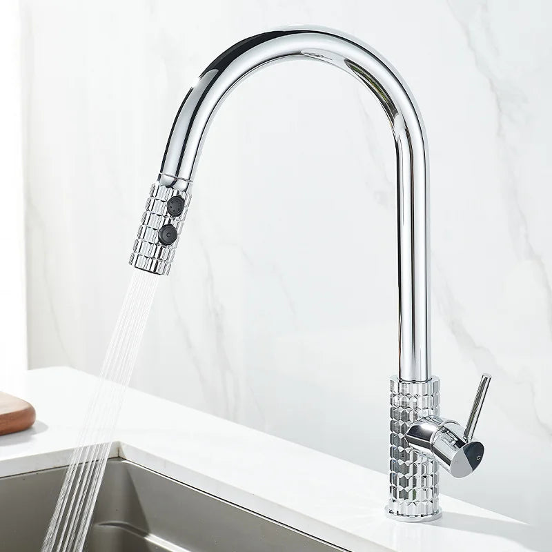 Kitchen Brush Gold Patterned Brass Faucet Pull Out 360 Degree Swivel Hot And Cold Mixer Tap Stream Sprayer Head Single Handle