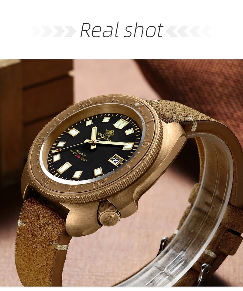 ADDIESDIVE AD2104 Retro Men's Watch CUSN8 Bronze Case Sapphire Automatic Mechanical Watch Watches Waterproof Luminous Wristwatch