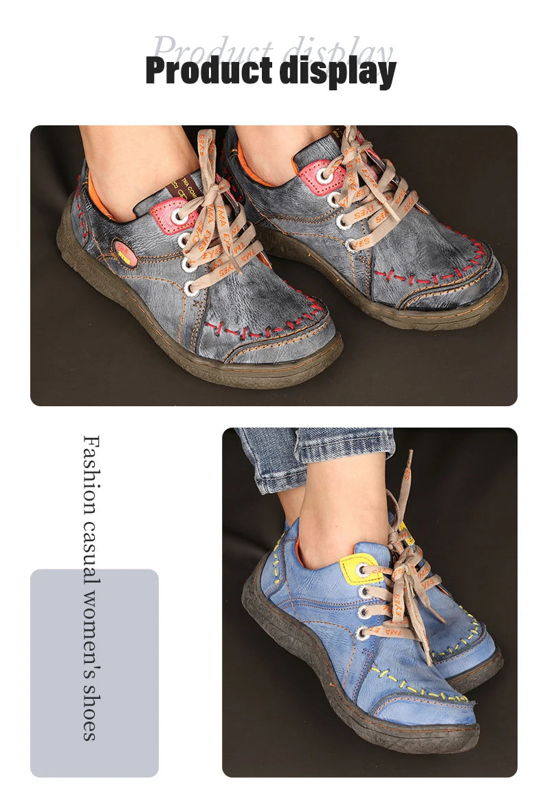 TMA EYES Women's Hand-Stitched Leather Sneakers Lightweight Flat Design Shoes For Women For Autumn Seasons